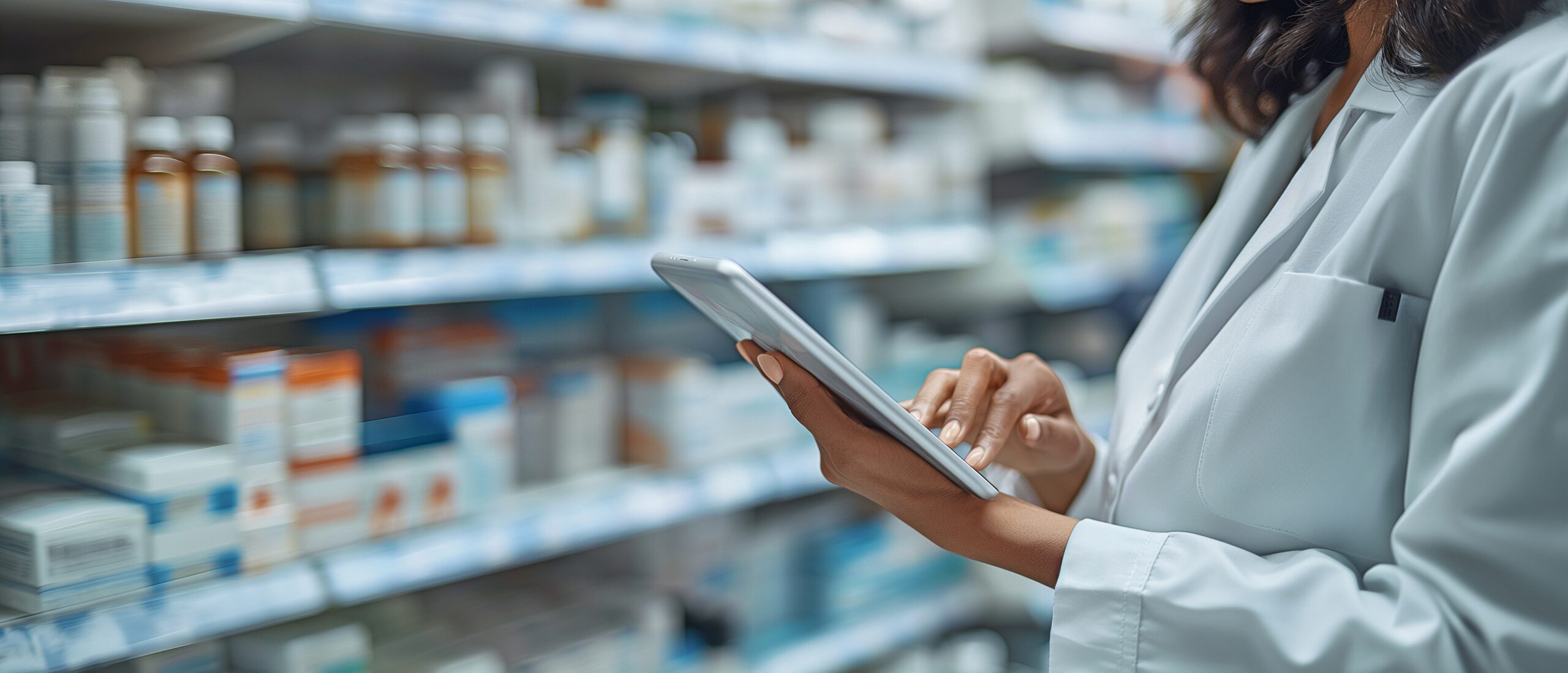 A chemist is using a tablet computer in the drugstore; she is reading information on it with her hand.