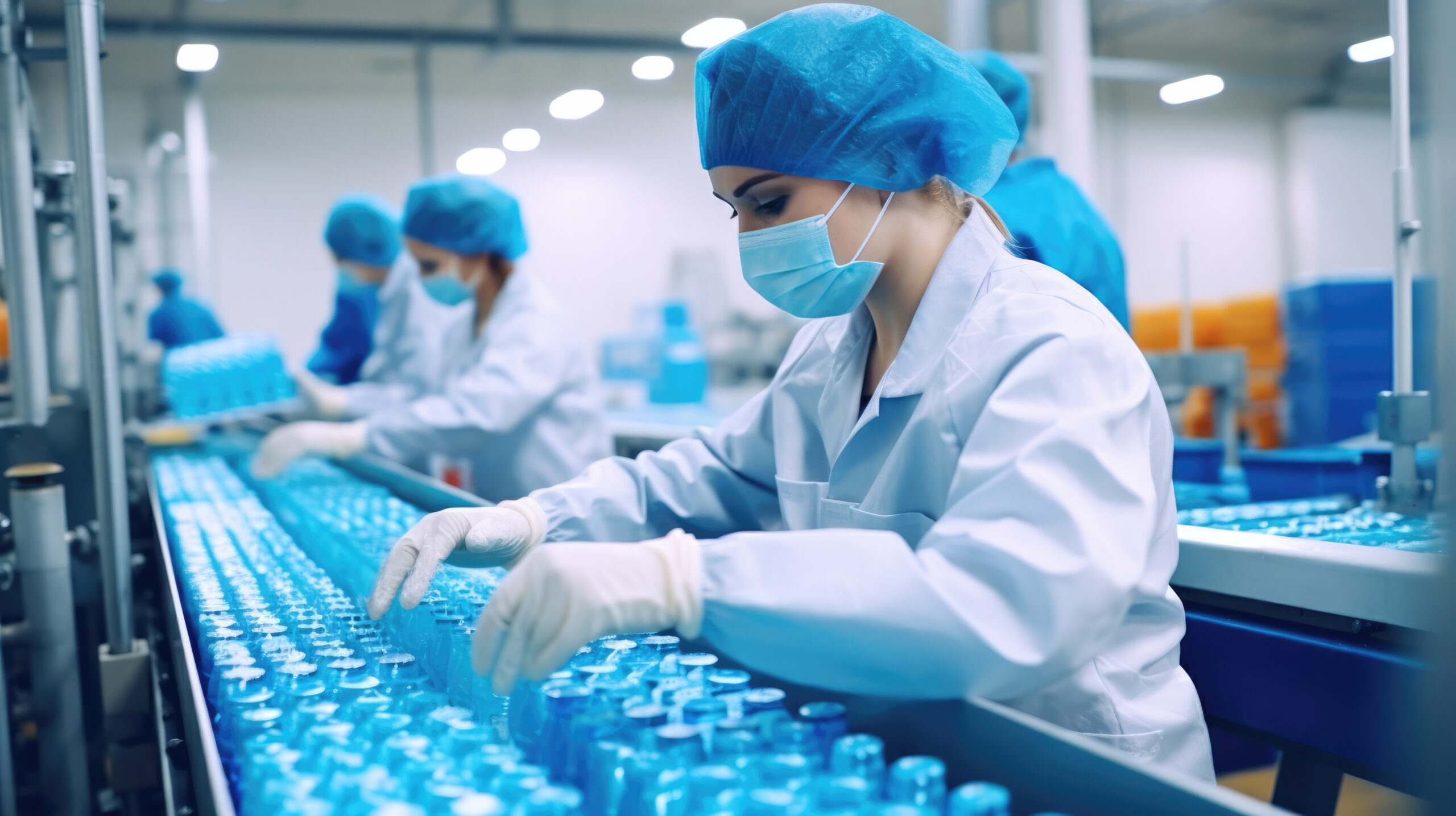 Worker in drinking water factory. women workers caucasian labor in beverage clean production conveyor belt mineral water manufactory.